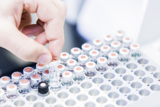 Several sample vessels in a container in the laboratory.