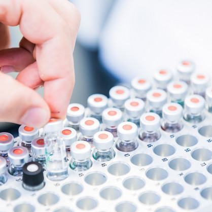 Several sample vessels in a container in the laboratory.